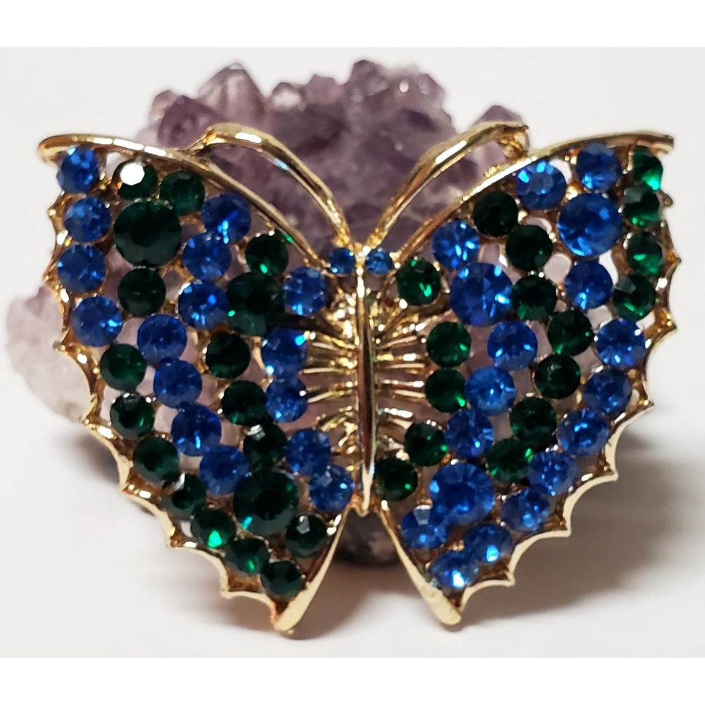 VTG Butterfly Brooch Blue & Green Rhinestones Open Frame Gold Tone Blue Eyes